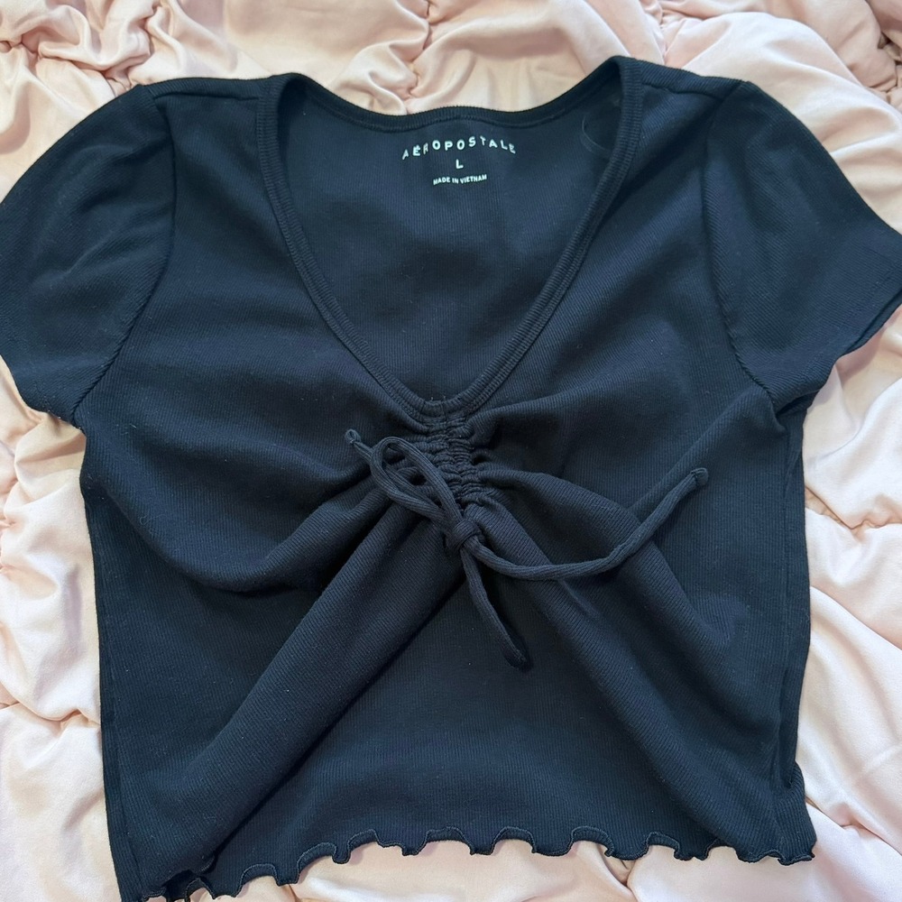Aeropostale Women's L Black Ribbed Ruched Drawstring Crop Top Lettuce Hem Y2K